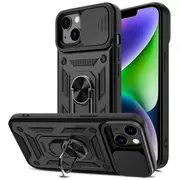 For Apple iPhone 14 Plus Case, Military Grade 360 Degree Rotating Metal Magnetic Ring Car Mount Holder Kickstand Shockproof Heavy Duty Cover (Black)