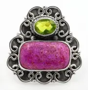 Natural Variscite In Purpurite & Peridot 925 Sterling Silver Ring Sz 6.5