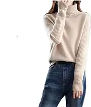 [Hamthuit] Women Long Sleeve Ribbed Fitted Turtleneck Sweater High Lapel Knit Pullover Loose Thick BloAUe Warm Pullover