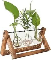 Bulb Vase ValueHall Desktop Glass Planter Bulb Vase Air Planter Bulb Glass Vase with Retro Solid Wooden Stand and Metal Swivel Holder for Home Garden Office Decor V7H02