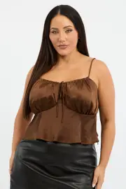 Brown Satin Cami Top Ruched Bust
