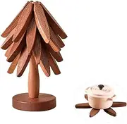 Taicols Wooden Trivets for Hot Dishes, Tree Shape Trivet Set, Trivets for Hot Dishes, 4 Wooden Trivet + 1 Stand, Tree Coasters, Hot Plate Mat, Heat Resistant Mat, Foldable Table Placemats (Walnut)