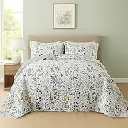 SCHNAUZER HOME Quilt Set King Size 3 Piece, Garden Style Floral Printed Bedding Coverlet Set, Lightweight Soft Reversible Bedspread Sets for All Season (1 Quilt & 2 Pillow Shams)