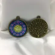 Kaleidoscope~ Tree Of Life Glass Cabochons 1" Bronze Bezel Pendant New 1545