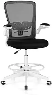 [Giantex] Drafting Chair Tall Office Chair, Ergonomic Computer Standing Desk Chair w/Flip-Up Armrests & Adjustable Footrest Ring, Breathable Mesh Swivel Task Chair w/Lumbar Support for Home Office