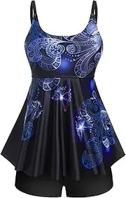[ROSE GAL] Rosegal Womens Plus Size Curve Butterfly Padded Boyleg Modest Tankini Swimsuit