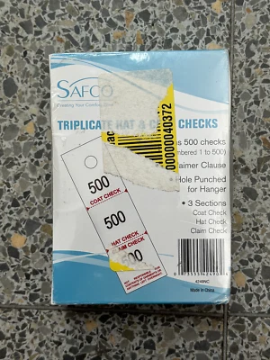 Safco Triplicate hat & coat checks - 500 checks