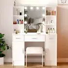Large Dressing Table LED Makeup Mirror Stool Set with 10 Bulbs Vanity Desk White