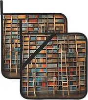 Funny Book Shelves Collection and Ladder Potholders BBQ Pot Holders for Heat Resistant Potholder, Hot Pads,Cooking Baking(2-Pack)
