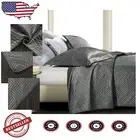 Luxury King Silk Satin Quilt Set - Grey Geometric Pattern, All Seasons Comfort