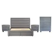 4 Pieces Storage Bedroom Suite Upholstery Fabric in Light Grey with Base Drawers Queen Size Oak Colour Bed, Bedside Table & Tallboy