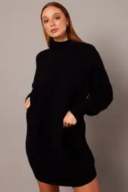 Black Knit Dress High Neck Oversized Chenille - Size XS, Women's Knit Dress