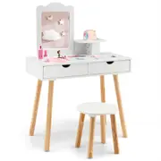 Giantex 2-in-1 Kids Vanity Table & Stool Set Makeup Dressing Table Princess Pretend Playset w/Removable Mirror & Drawer White