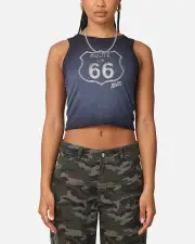 [WILLIE NELSON] Willie Nelson Women's Route 66 Sunfade Cropped Tank Black Wash - Size XS XS Black Wash
