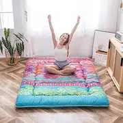 Bohemian Futon Floor Mattress Boho Floral Style Japanese Futon Mattress Tatami Floor Mat Foldable Bed Portable Camping Mattress Sleeping Pad Floor Lounger Couch Bed, Queen