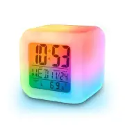 Digital Alarm Thermometer Night Glowing Cube 7 Colors Clock LED Change LCD fo...