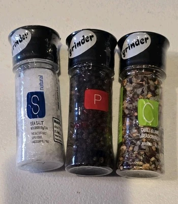3 PC SALT, PEPPER, CHILI LIME GRINDER SET - NATURAL SEA SALT & BLACK PEPPERCORN