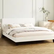 Oikiture Bed Frame Double Size Boucle Fabric Platform Wooden Slats