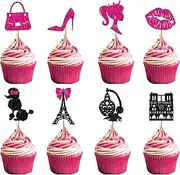 32pcs Princess Cupcake Toppers Paris Cupcake Toppers Glitter Hot Pink Girl Cupcake Picks Handbag High Heel Tour Eiffel Cake Decorations for Wedding Bridal Shower Baby Shower Birthday Party Supplies