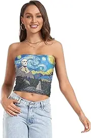 [RPLIFE] Starry Night Great Great Statue Womens Crop Tube Top Strapless Tank Top, Mesh Tube Tops, Trendy Crop Tops (S)