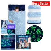 Extra Soft Kids Sleeping Bag - Blue Dinosaur, Glow-in-the-Dark & Pillow Pocket