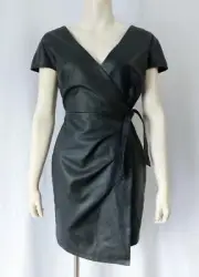 NWT TopShop BLACK VEGAN LEATHER LBD Mini WRAP DRESS -sz 4 / SM