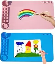 2 Pack Silicone Art Mat with Cup, Silicone Painting Mat with Cup, 19.7x11 Silicone Craft Mat with Cup and Paint Holder Silicone Artist Mat Kids (Pink and Blue)