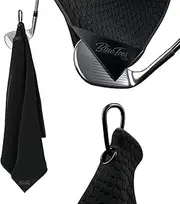 Blue Tees 4 in 1 Magnetic Golf Towel - Standard & Caddy Sizes - Silicone Brush - Groove Cleaner - Magnetic Golf Towels for Golf Bags - Strong Hold to Golf Carts or Clubs - Black - Standard 18"x18"
