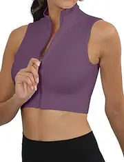 [SEAUR] Sports Crop Top Women's Sleeveless Zip Tank Top Stand-Up Collar Tight Short Top Slim Fit for Gym Fitness Workout S-L