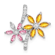 Solid 14k White Gold Simulated CZ and 1.02 Citrine Simulated/Simulated Pink Tourmaline Flower Pendant