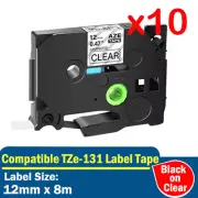 10x Compatible Label Tape TZe-131 for Brother P-Touch Black Text on Clear 12mm