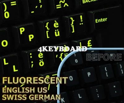 Glowing fluorescent Swiss German keyboard stickers