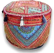 Multi Decorative Multi Patch Indian Hippie Embroidery Vintage Cotton Floor Pillow & Cushion Patchwork Bean Bag Chair Cover Boho Bohemian Hand Embroidered Handmade Pouf Ottoman Cover (18X13 inch)