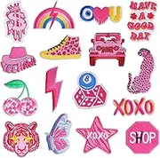 JOFONY Pink Preppy Iron On Patches,16 PCS Y2K Chenille Embroidered Repair Patch Embroidery Sew on Applique Patch for Clothing DIY Accessories for Clothing Backpacks Hat Jeans Jacket