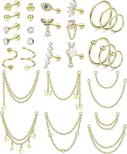 [Sanfenly] 20G Cartilage Earrings for Women Helix Earrings Flat Back Earrings 316L Stainless Steel Star Moon Butterfly CZ Cartilage Stud Earrings Small Hoop Chain Dangle Helix Tragus Piercing Jewelry