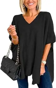 [Melliflo] Women V Neck Poncho Plain Lightweight Pullover Scarf Cape Pullover Baggy Tops