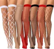 [Janmercy] 6 Pairs Women Thigh High Fishnet Stockings with Top Elastic Band Sheer Stockings Over the Knee Pantyhose Hosiery