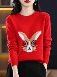 在飛比找Yahoo!奇摩拍賣優惠-23新款紅色兔子提花圓領羊毛衫女眼鏡兔針織純羊毛打底毛衣代發
