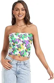 [GuoChe] Womens Tube Top Fleur De Lis Mardi Gras Purple Green with Mesh Bandeau Bra Padded Tube Bras for Summer Club