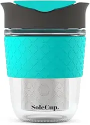 SoleCup. Travel Mug Loose Tea Infuser - Detachable Tea Strainer with Spillproof Lid - BPA-Free Reusable Glass Travel Coffee Cup with Silicone Band (Gray and Blue)