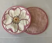 VTG hand made embroidery 6” Flowers Set of 2 Pink Doilie, Coaster, Candle Holder