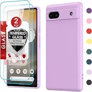 LeYi Google Pixel 6A Phone Case with 2 Pack Tempered Glass Screen Protector, Liquid Silicone Soft Microfiber Liner Cover, Purple