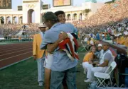 English athlete Sebastian Coe is congratulated by an unidentified - Old Photo
