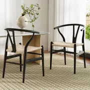 Set of 2 Dining Chairs Wooden Rattan Wishbone Black