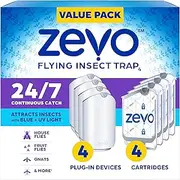 Zevo - 4 flying insect traps and 4 cartridges, fly trap and indoor insect catcher for mosquito nets, house and fruit flies, no mess, use in any room,