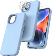 For iPhone 14 Pro Max Silicone Case with Screen Protector & Camera Lens Protector [Set Of 3] 360 Protection Pack for iPhone 14 Pro Max 6.7", Light Blue