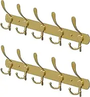 SAYONEYES Gold Coat Rack Wall Mount with 5 Tri Hooks for Hanging Towel, Bag, Hat, Keys - 16 Inch Heavy Duty SUS304 Stainless Steel Rustic Wall Hook Rack for Bathroom Entryway - 2 Pack