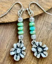 Turquoise Green Glass Beads and Silver Flower Dangle Earrings. Boho. Bloom.