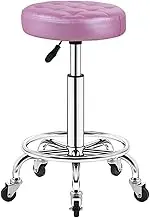 Round Rolling Stool with 5 Wheels, PU Leather Swivel Adjustable Salon Visitor Office Chair for Drafting Salon Tattoo Work Massage StoolsPink,A1