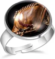 [FVQL] Stainless Steel Ring for Boys, Baseball Glove Pattern, 1.7cm/0.67inch, Glass, glass